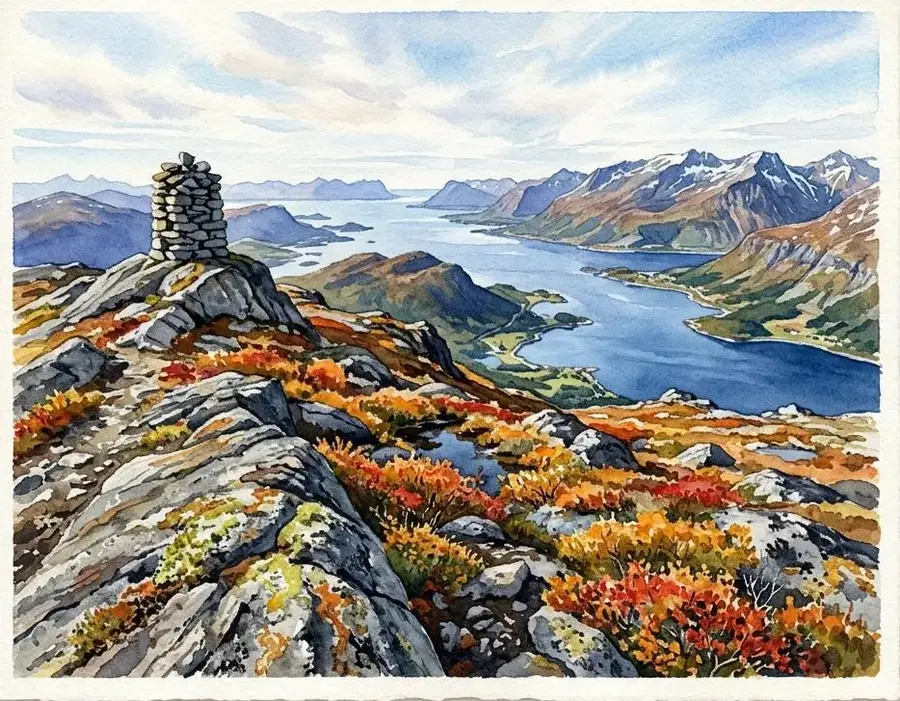 Autumn watercolour from the top of Hamnesfjellet looking across the fjord, red heather in front.