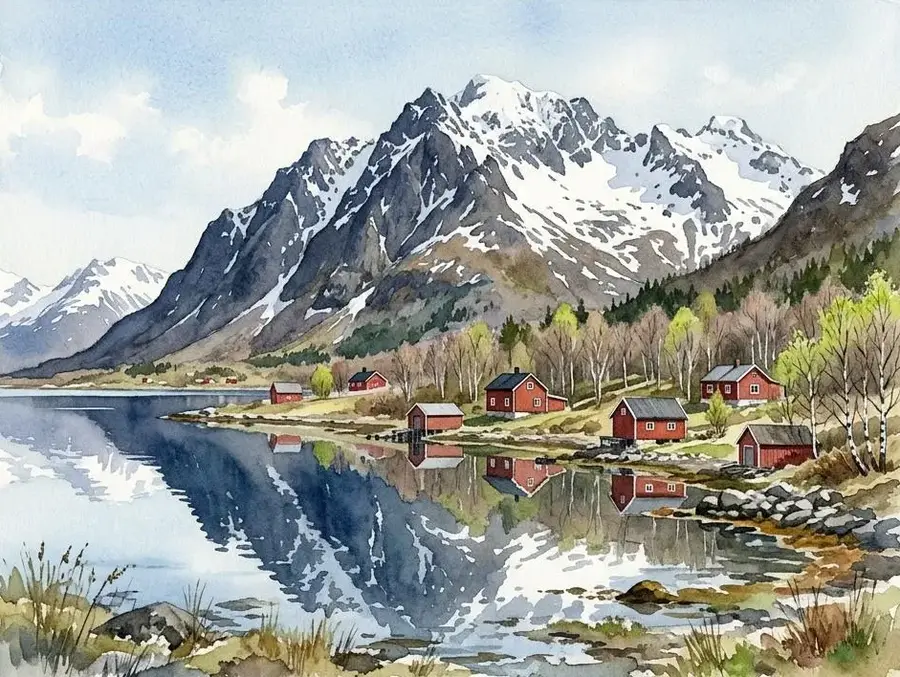 Hamsund in spring, birch coming into leaf beside the water.