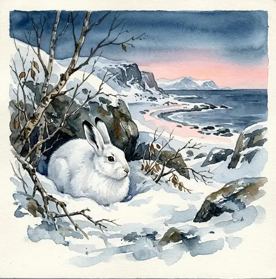 Mountain hare in a white winter coat sitting in snow.