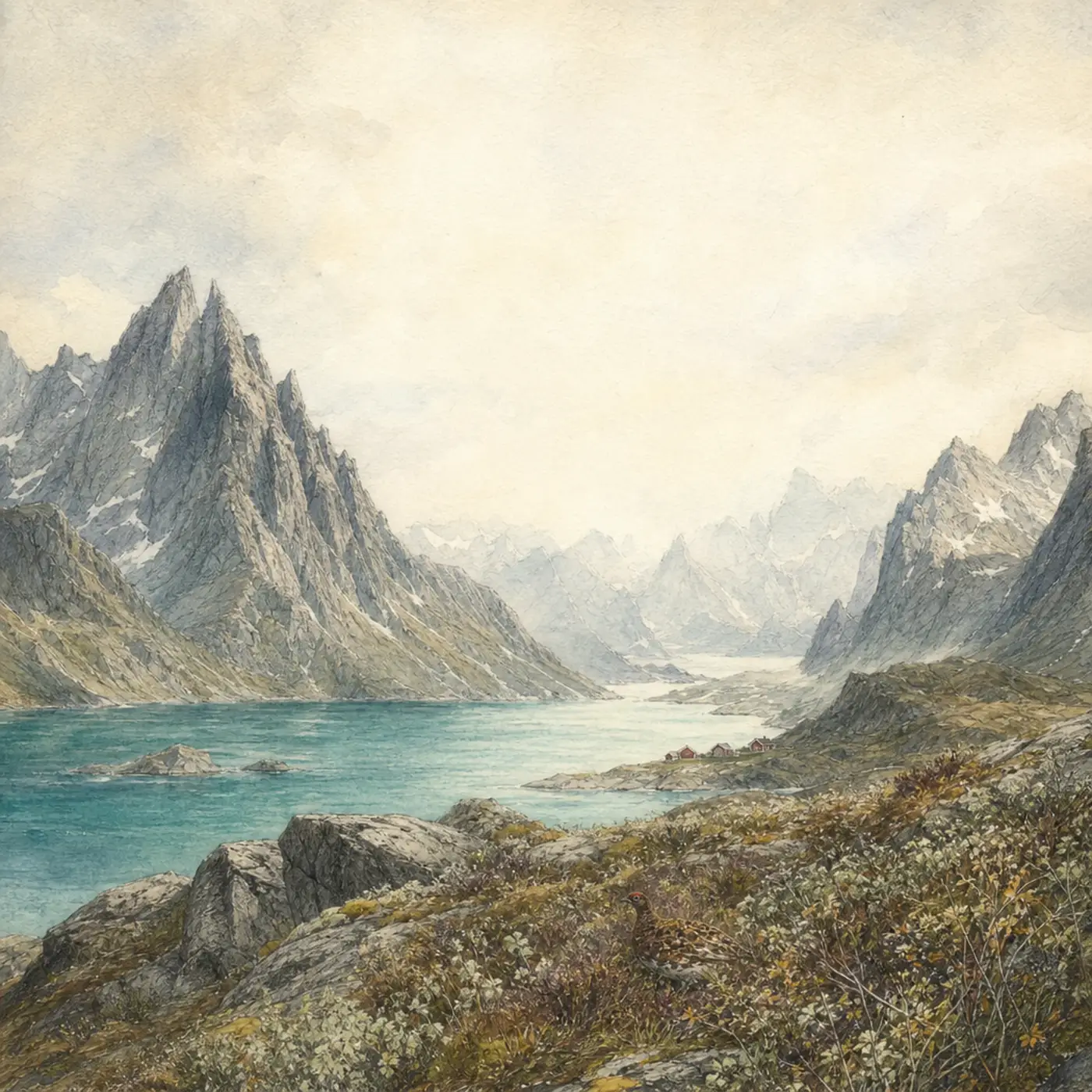 Watercolour of a northern Norwegian fjord: pale mountains, still water and low birch along the shore.