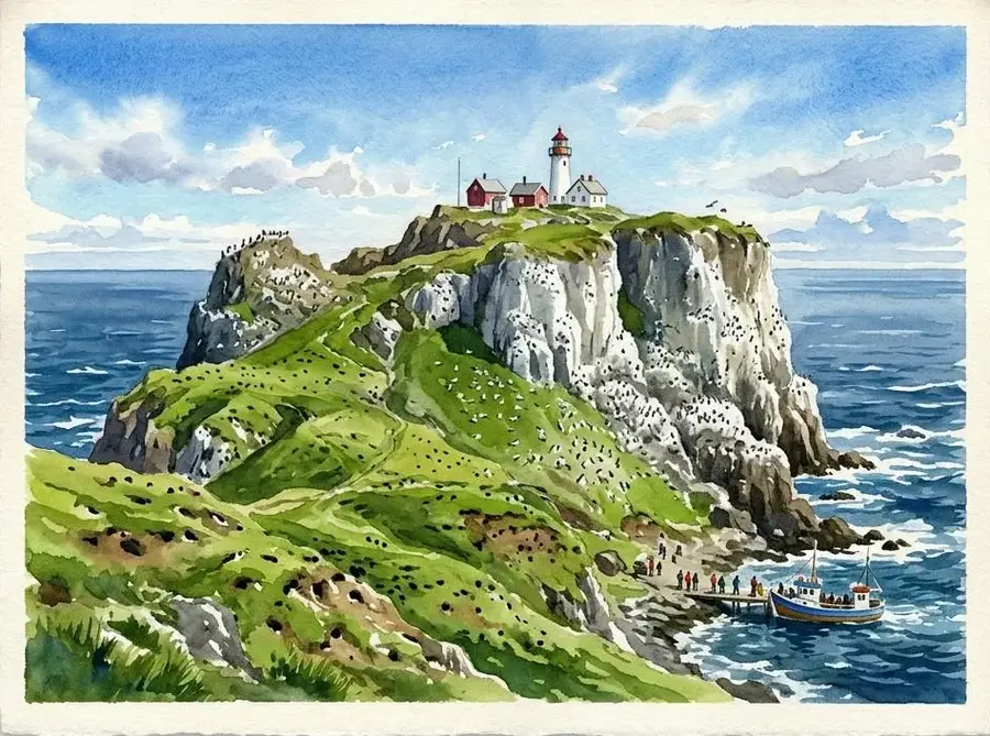 Summer watercolour of Hornøya: green slopes rising to seabird cliffs with a lighthouse on the plateau.