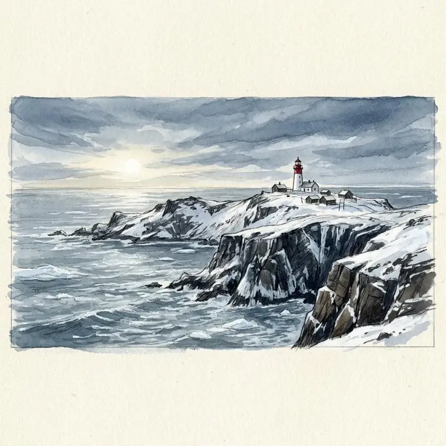 Hornøya in winter, snow on the slopes below the lighthouse.