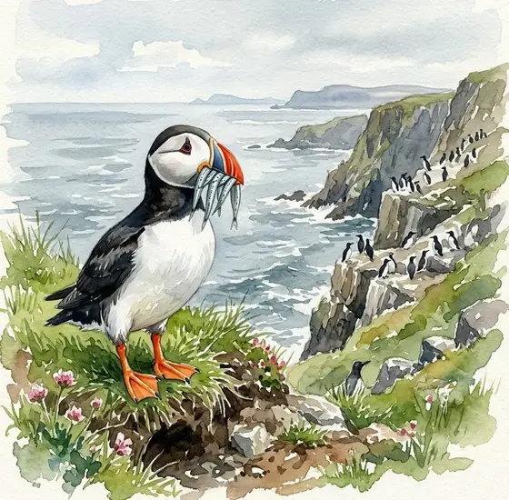 Atlantic puffin standing on a grassy cliff edge above the sea.