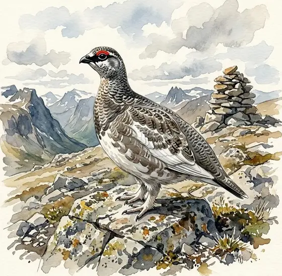 Grey-mottled rock ptarmigan with a dark eye-stripe resting on bare stone.
