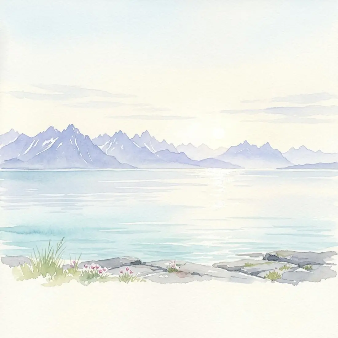 Wide watercolour from the Tranøy shoreline: open sea with the jagged Lofoten mountains on the horizon.