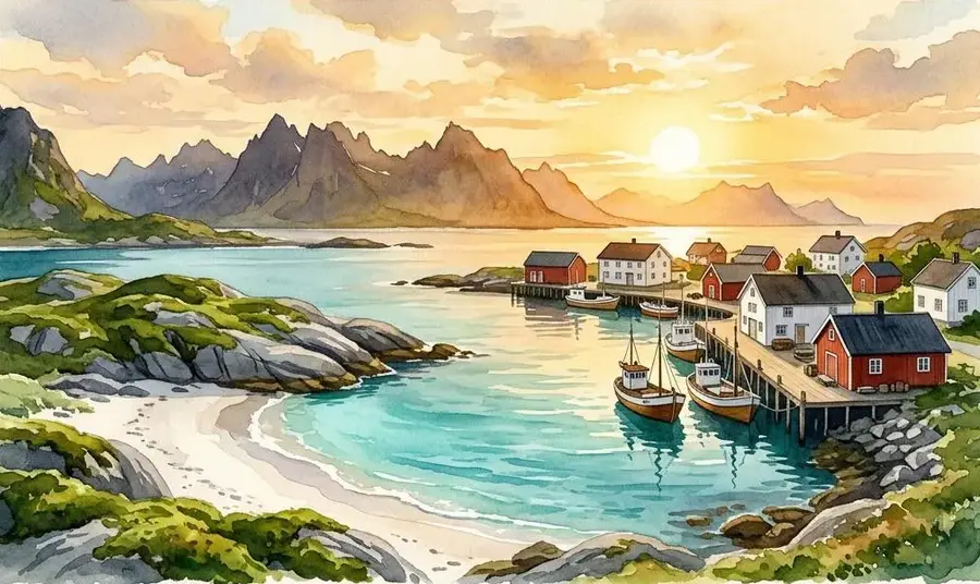 Summer watercolour of Tranøy: low rocky shore, white sand and shallow turquoise water with the lighthouse beyond.