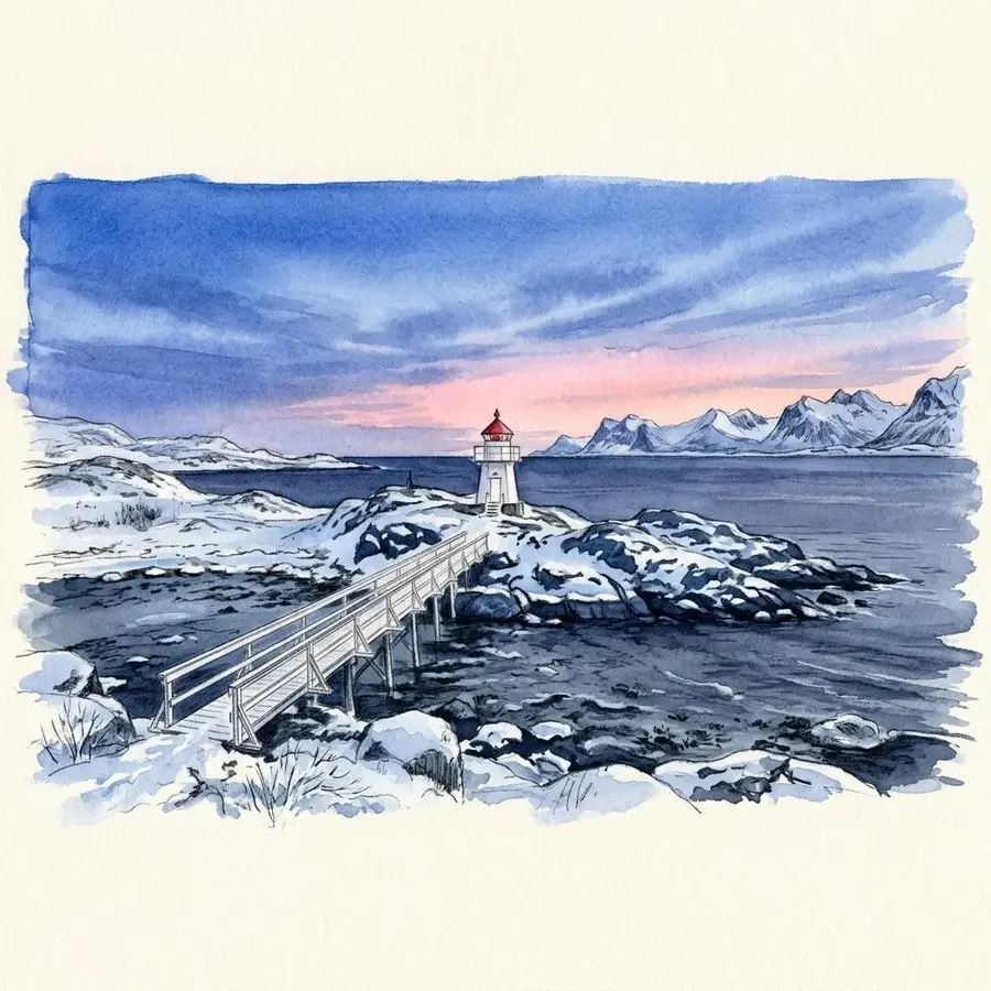 Tranøy in winter under snow, pale sky over the sea.