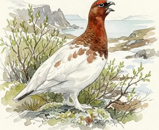 Male willow ptarmigan in spring, white body with a red comb above the eye, among low heather.